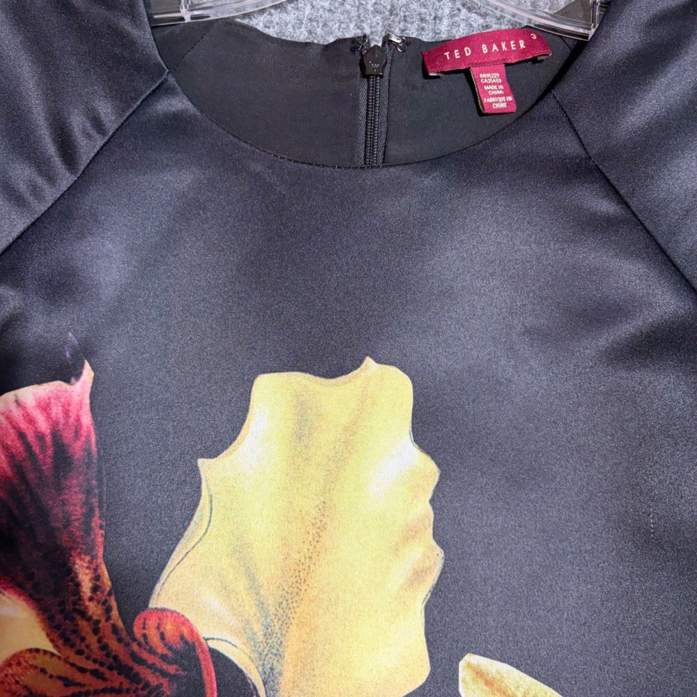 Ted Baker Black Satin Floral Orchid Leopard Print 3/4 Sleeve Shift Dress Size 3 - Picture 4 of 8